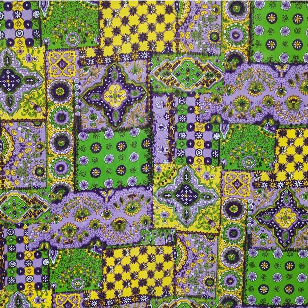 2 Yards Vintage 1970's Silky FAUX PATCHWORK FABRIC Retro Bright Geometric Floral
